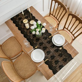 Black Lace Table Runner 16 x90 inches, Embroidered Black Lace Runner for End Table Coffee Table Buffet, Black Lace Doilies Dresser Runner Scarf, Vintage Black Table Decoration for Holidays Party