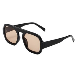 ADE WU Trendy Square Sunglasses for Women Men, Vintage Fashion 70s Oversized Flat Top Square Sun Glasses Aviator Style (Black/Light Brown)
