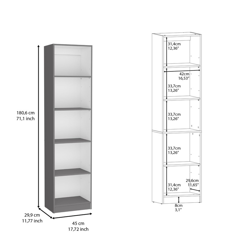 FocusOnHome Bookcase Compact Bookshelf with Multiple Shelves, Matt Gray/White