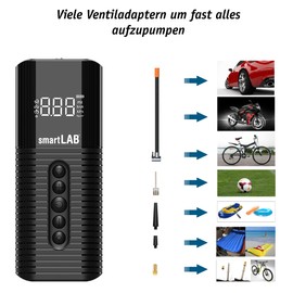 smartLAB pump2 elektrische (KEIN AKKU) Luftpumpe für Auto & Fahrrad 150 PSI | Schneller Pumpen mit Kompressor I Digitale Fahrradluftpumpe alle Ventile, Schwarz