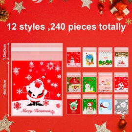 BOUBONI 240 PCS Christmas Treat bags Self-Adhesive Candy Goodie Bag for Christmas Holiday Party Favor Gift Decoration Supplies (Red,Grey,White,Green)