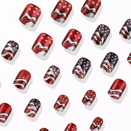 BABALAL 4th of July Press on Nails Short Square French Tip Fake Nails Independence False Nails with American Flag Star Chrome Design Acrylic Day Glue on Nails DIY for Women Decoration Nail Art