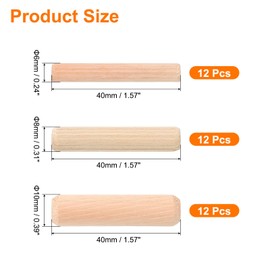 sourcing map 36Pcs 6x40mm/8x40mm/10x40mm Wooden Dowel Pins, Fluted Wood Beveled Ends Tapered Dowel Hardwood Pegs, Fluted Wood Dowels Rods for Furniture, Crafts, DIY