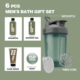 Bath and Body Gift Baskets for Men, 6 Pcs Mens Shower Gift Sets with Fresh Herbal Scent Body Wash Face Wash, Water Bottle & More, Unique Gift Ideas for Him Fathers Day