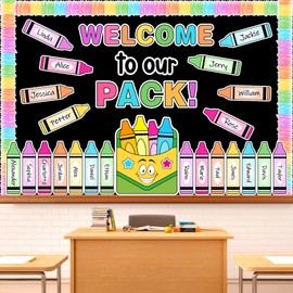 FYSUIMU 76 Pcs Back to School Crayon Bulletin Board Decoration Set Pastel Colored Crayon Pack Paper Cutouts with 150 Pcs Glue Points for First Day of School Welcome Party Classroom
