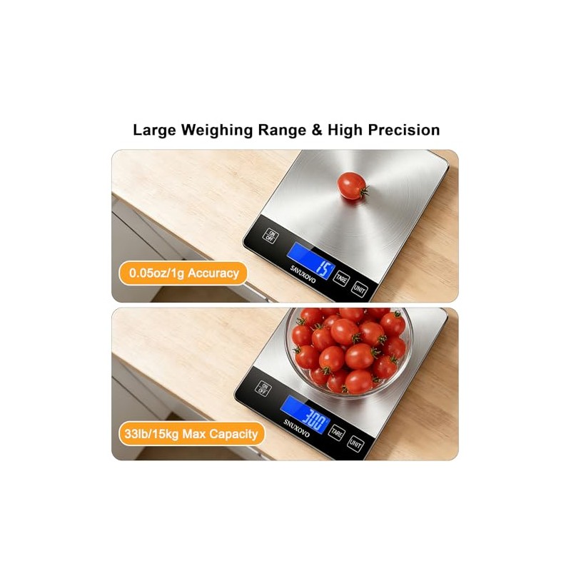 Food Scale, 33lb Digital Kitchen Scale, Stainless Steel Waterproof, 1g/0.05oz