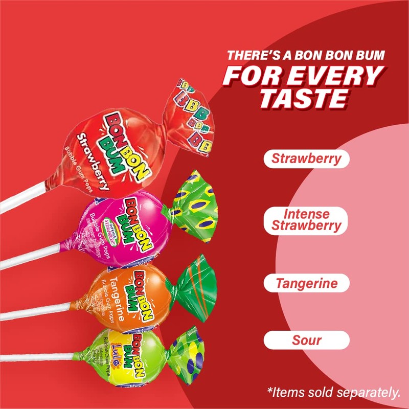 Colombina Bon Bon Bum Lollipops w/Bubble Gum Center, Strawberry Flavor,