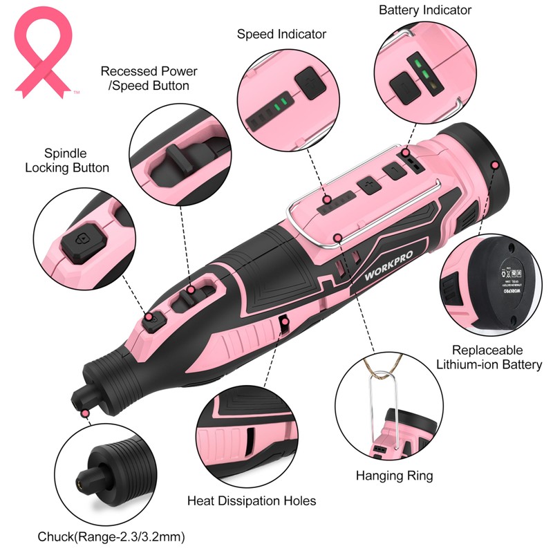 WORKPRO Pink 12V Cordless Rotary Tool Kit, 5 Variable Speeds,