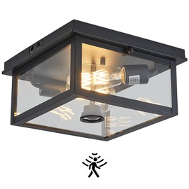 Adjustable Motion Sensor Ceiling Light Fixture Outdoor Modern Design of Squares Flush Mount 2-Light Textured Black Fixture with Clear Glass for Your Porch,Garage,Patio,Hallway,Front and Back Yards