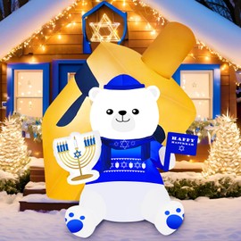 5 Ft Hanukkah Inflatables Outdoor Decorations Bear Holding a Star of David and Menorah Dreidel with Built-in LED Lights, Hanukkah Blow Up Yard Decorations Chanukah Decors for Garden Home Indoor Party