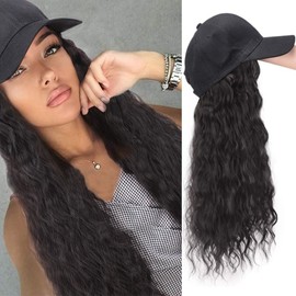 Synthetic Long Wave Baseball Cap with Hair Brown Black Wavy Women Wig Hats with Hair Wavy Extensions