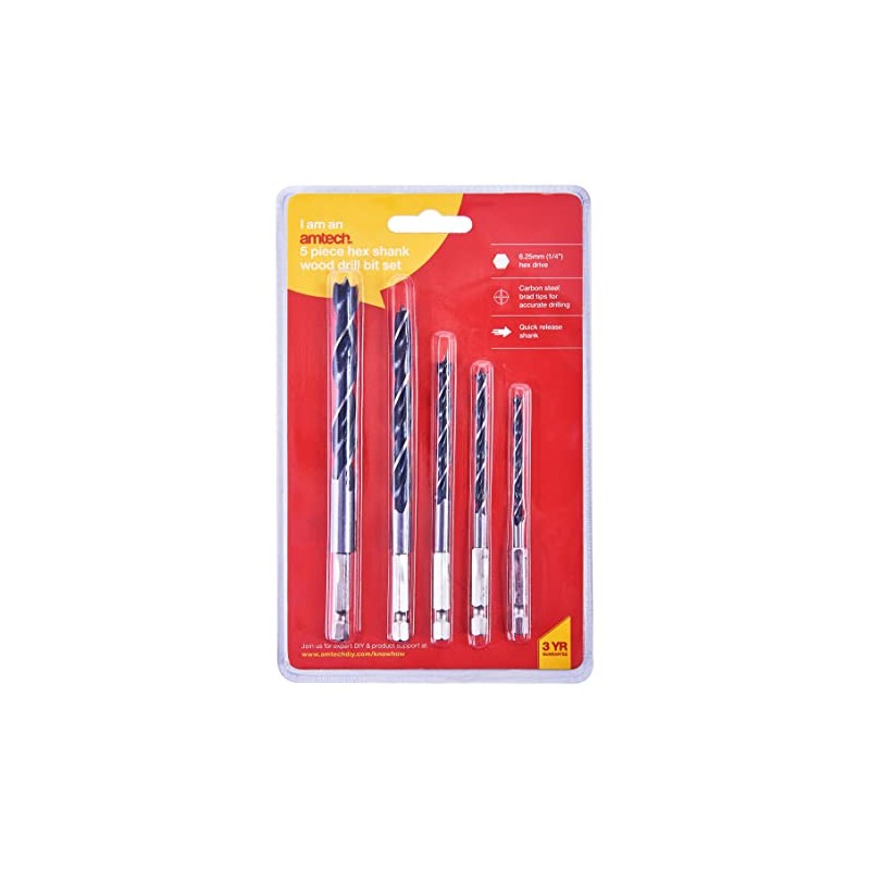 Amtech F1735 5 Piece hex shank wood drill bit set