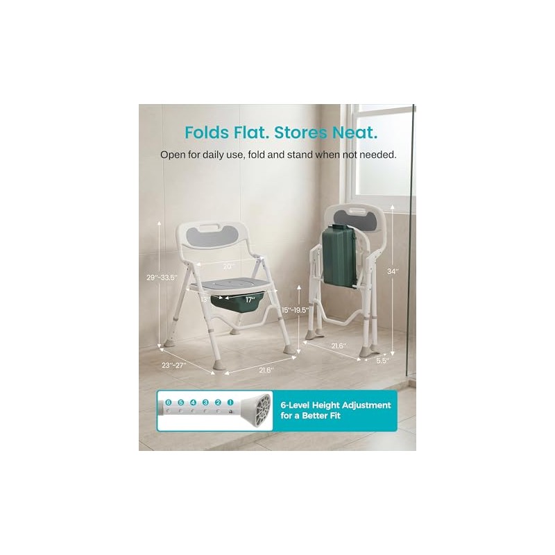 Foldable Shower Chair with Commode for Seniors, 400 lb, Gray