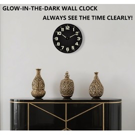 Mabpedo Glow in The Dark Wall Clock Non Ticking, 10 inch Silent Wall Clocks Battery Operated, Large Number Tempered Glass, Round Night Light Analog Clock for Bedroom Living Room Kitchen Office, Black