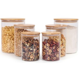 Wnaraa Glass Storage Containers with Lids, Glass Jars with Bamboo Lids, Large Food Storage Jar, Sugar, Pantry Storage Container for Pasta Rice Flour Oats Nuts Tea Spice (Round 27oz*2+54oz*2+100oz*2)