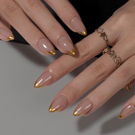 KQueenest Chrome Gold French Tip Press On Nails Short Almond, 24 Pcs Acrylic Press On Nails With Glue, Sparkly Glazed Short Fake Nails Press ons, Reusable Natural Nude Glue on Nails for Women