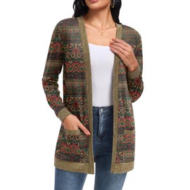 GRECERELLE Cardigan for Women Lightweight Open Front Knit Sweater Long Sleeve Casual Loose with Pockets Round Flower Green-L