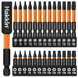 Hakkin 27-Piece Torx Impact Wrench Bits Set T5-T40 25 mm + 60 mm Long 1/4 Inch Impact Star Screwdriver Assortment S2 T-Star Bit Set for Cordless Screwdriver with Magnetic Bit Holder T20 T25