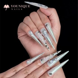 Buy 10 Get 10 Free! [Machine-Made] 24pcs Press-On Nails with Rhinestones & Flowers – French Style Glue-On Nails for Women & Girls Full Cover Shiny Glitter Long Lasting Quality:_M-ST-WH-002