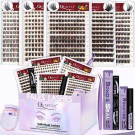 Mixed Length False Eyelashes with Bond and Seal & Remover & Tweezers & Eyelash Curler, 1 Box Natural Look Eyelash Extensions, Self Grafting Faux Clusters Lash for Eyelash Enhancements, Lashes Glue Extension, Valentine's Day Gift:_Eyelash Gift Set-2_Black