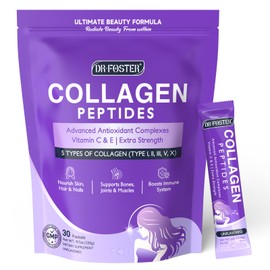 DRFOSTER Collagen-Peptides-Powder-Packets - Multi Type I II III V X Collagen for Women with Antioxidant Blend + Vitamin C & E for Skin, Hair, Nail & Joint, Non-GMO, 30 Stick Packs
