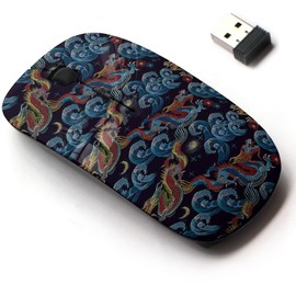 2.4G Wireless Mouse with Cute Pattern Design for All Laptops and Desktops with Nano Receiver - Embroidery Chinese Dragons sea Wave