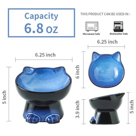 Nihow Slanted Elevated Cat Bowls: 6.25 Inch Ceramic Raised Cat Food Bowl for Protecting Pet's Spine - Microwave & Dishwasher Safe -Elegant Blue & Black (6.8 OZ /1 PC)