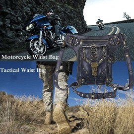 Steampunk - Riñonera de piel gótica para hombro, bandolera, bandolera, muslo, cadera, bolsa de viaje, senderismo, deporte, cadena para mujeres y hombres, Negro, Mediano,