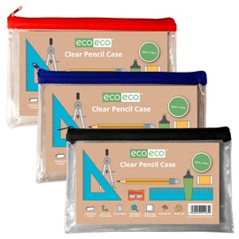 eco-eco 90% Recycled Clear Exam Transparent Pencil Case, Coloured Zips, Pack of 3, eco183x3