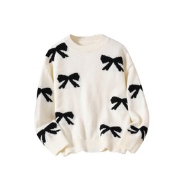 RoseSeek Girl's Bow Graphic Sweaters Crewneck Long Sleeve Knit Pullover Tops Drop Shoulder Knitwear Black and White 10Y