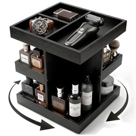 Cologne Organizer for Men - 360° Rotating Wood Perfume Organizer & Cologne Stand | 9-Compartment Dresser & Bathroom Display for His & Her Skincare | Gift for Husband & Dad (Black)