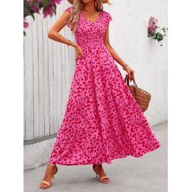 MASCOMODA Womens Long Summer Maxi Dresses Causal V Neck Short Sleeve Smocked Floral Dress Tiered Beach Party Sundress(Floral Rose Red,XX-Large)