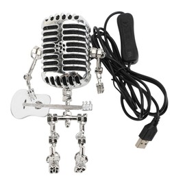 Srliya Vintage Microphone Guitar Robot Table Lamp Aluminum Retro Metal Robot Night Light for Bedroom Desk Home Decor (White)