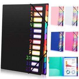 Tatxmalv A4 Document Folder, Expanding Folder, Document Folder with 12 Compartments, Folder Organiser with Elastic Band for Office Documents, School Homework and Paper, Waterproof, with Label (Black)