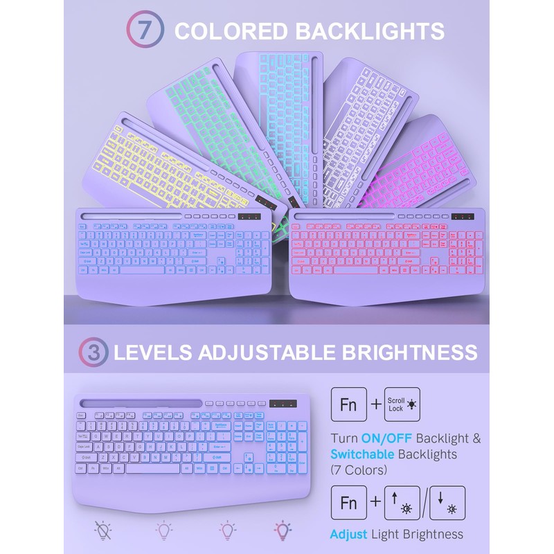 Wireless Keyboard and Mouse Combo with 7 Colored Backlits, Wrist