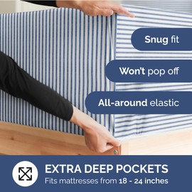 Extra Deep Full Fitted Sheet - Hotel Luxury Single Fitted Sheet Only - Easily Fits 18 inch to 24 inch Mattress - Ultra Soft, Wrinkle Free with Extra Deep Pockets - Breathable & Comfy - Blue Stripes