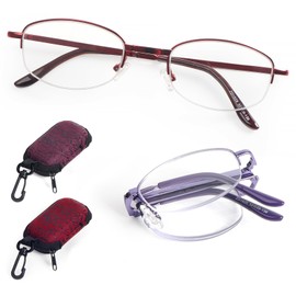 DXYXYO 2 Pack Folding Reading Glasses for Women Men, Half Rimless Small Pocket Metal Readers Blue Light Blocking, 2.75 Red+Purple