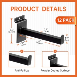 WETOECOTEC 6 Inch Square Tubing Slatwall Shelf Bracket , Heavy Duty Slat Wall Floating Shelf Bracket with Lip, Slatwall Accessories for Retail Display,Garage (12Pcs, Black)