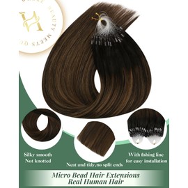 Ugeat Micro Ring Hair Extensions Long Length 24 Inch Ombre Micro Beads Hair Extensions Remy Human Hair Scalp Friendly 50G/50S Brown Balayage #2/6/2