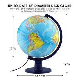 Waypoint Geographic Scout Illuminated Decorative Classroom Globe with Stand, Interactive World Globe with Political Mapping, Blue