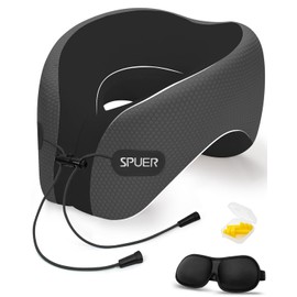 Travel Pillows for Airplanes, Neck Pillow Airplane, Airplane Travel Accessories with Eye Mask, Earplugs & Storage Bag, Ergonomic Memory Foam Neck Pillow for Sleeping, Flights, Cars (Dark Gray & Black)