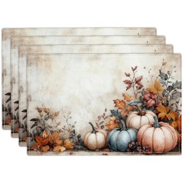 Fall Pumpkin Placemats Set of 4, 12x18 Inch Autmun Maple Leaves Table Place Mat Seasonal Vintage Washable Non-Slip Heat Resistant Fabric Placement Mats for Party Dining Kitchen Indoor Outdoor Decor