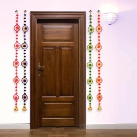 Kalakriti Artificial Marigold Flower with Rings | Pompom | Bells Indian |American Party Mantle Decoration | Faux Wedding Mehndi | Haldi Garland Diwali House Warming Multicolor Pack of 4 4.5 ft Each