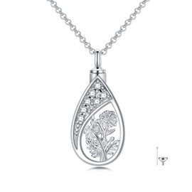 MEIDERBO October Birth Flower Urn Necklaces for Ashes 925 Sterling Silver Teardrop Urn Necklace Marigold Flower Cremation Jewelry with Funnel Filler Kit Ashes Necklace for Women Human