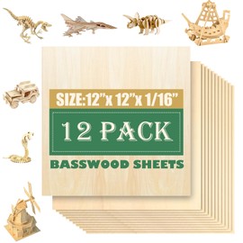 12 Pack 12"x12" Basswood Sheets - 1/16", 1.5mm Unfinished Wood for Laser Cutting and Engraving