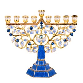 Enamel Menorah with Gold Plating in Gift Box, Judaica Hanukkah Menorah, Artistic Menorah, Enameled Metal Menorah Candelabra with Jeweled Accents, Hand-Painted (Pomegranate Tree)