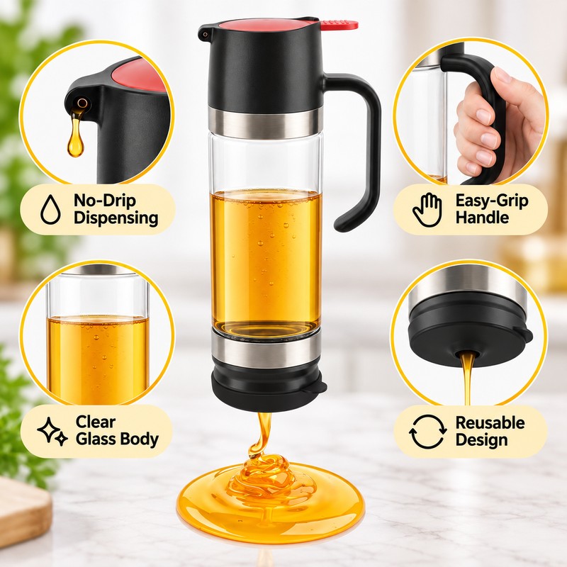 No-Drip Glass Honey Dispenser with Trigger Handle – Syrup Pourer