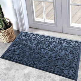 Bulijojo Outdoor Indoor Entrance Doormats,Durable Heavy Duty Welcome Mat,Thick Absorbent Natural Rubber Non Slip Mat,Easy Clean Entryway Rug Leaves Blue 23"x35"