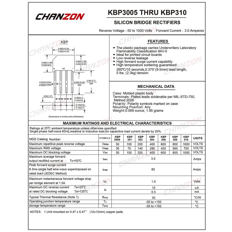 (Pack of 20) Chanzon KBP310 Bridge Rectifier Diode 3A 1000V