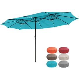 HAPPYGRILL 15 FT Double-sided Patio Umbrella with Solar Lights, Crank Handle & 12 Heavy-Duty Ribs, Outdoor Twin Size Oversized Rectangle Market Umbrella for Garden Deck Poolside